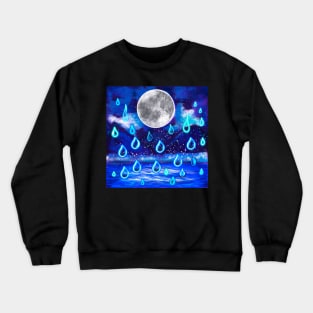 Blue Moon at midnight - Full moon in the rain, midnight landscape with raindrops falling into Water Crewneck Sweatshirt